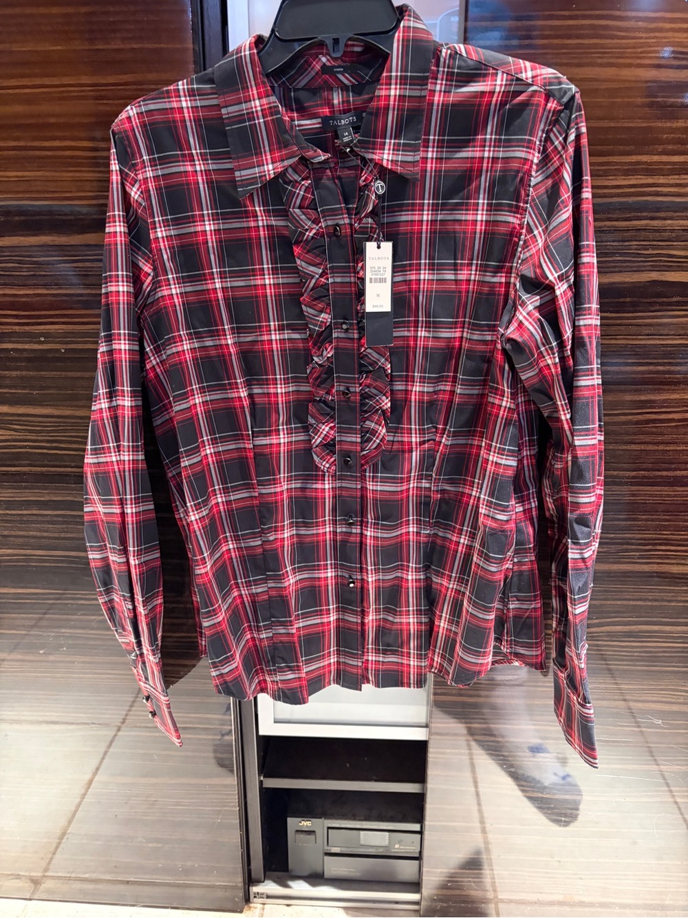 NWT Talbots Womens Ruffle Front Plaid Button Down Shirt Red Black Long Sleeve